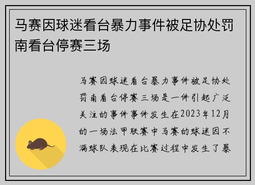 马赛因球迷看台暴力事件被足协处罚南看台停赛三场